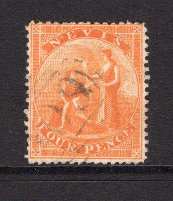 SAINT KITTS & NEVIS - NEVIS - 1866 - CLASSIC ISSUES: 4d deep orange on white paper, a fine used copy with light 'A09' Barred numeral cancel. (SG 12)  (STK/15629)