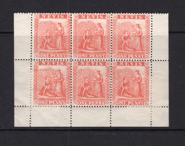 SAINT KITTS & NEVIS - NEVIS - 1871 - CLASSIC ISSUES: 1d vermilion red 'Litho' issue, perf 15, a fine mint block of six comprising the bottom two rows of the sheet with sheet margins on three side. Some perf re-enforcement. A rare multiple. (SG 17)  (STK/25987)