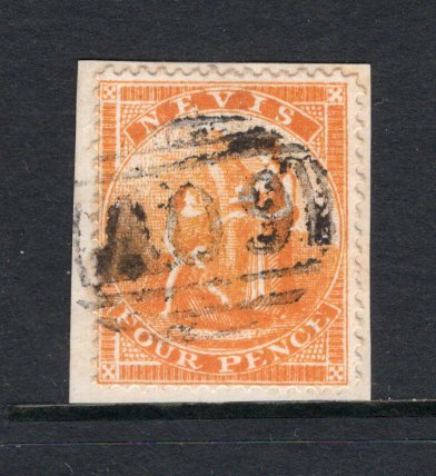 SAINT KITTS & NEVIS - NEVIS - 1871 - CLASSIC ISSUES: 4d orange yellow 'Litho' issue, perf 15, a fine used copy tied on small piece by 'A09' barred numeral cancel. (SG 18)  (STK/33461)
