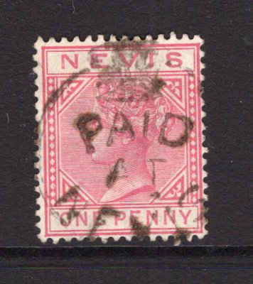 SAINT KITTS & NEVIS - NEVIS - 1882 - CANCELLATION: 1d dull rose QV issue superb used with good strike of PAID AT NEVIS Crowned circle cancel in black. Very scarce. (SG 27)  (STK/40512)