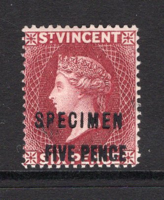 SAINT VINCENT - 1893 - SPECIMEN: 5d on 6d deep lake QV 'Surcharge' issue overprinted 'SPECIMEN' in black. (SG 60s)  (STV/30902)