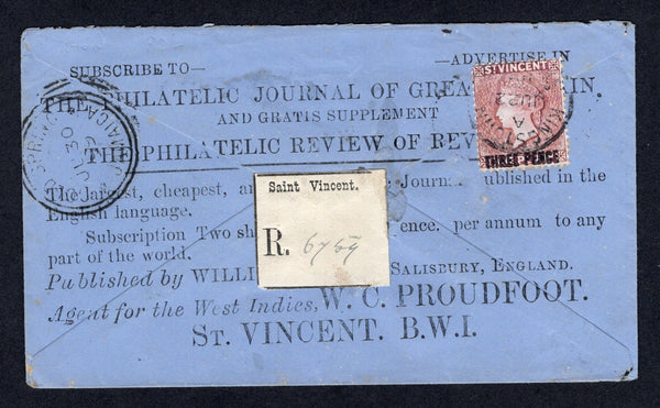 SAINT VINCENT - 1899 - REGISTRATION: Registered cover with printed 'Subscribe to the Philatelic Journal of Great Britain. W.C. Proudfoot, St. Vincent. B.W.I.' stamp dealer advert on reverse franked on reverse with 1897 3d on 1d mauve QV 'Surcharge' issue (SG 63) tied by KINGSTOWN cds dated JUN 22 1899 with printed black on white 'Saint Vincent' registration label alongside. Addressed to COLDSPRING P.O. JAMAICA with oval JAMAICA REGISTERED transit mark on front and COLD SPRING arrival cds on reverse. A fine