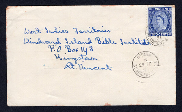 SAINT VINCENT - 1959 - CANCELLATION: Commercial cover franked with single 1955 2c ultramarine QE2 issue (SG 190) tied by BEQUIA cds dated 25 FEB 1959 with fine second strike alongside. Addressed internally toe the 'Windward Island Bible Institute, Kingstown'.  (STV/37183)
