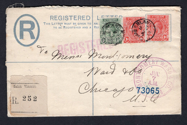 SAINT VINCENT - 1913 - POSTAL STATIONERY, REGISTRATION & CANCELLATION: 2d ultramarine on grey EVII postal stationery registered envelope (H&G C2) used with added 1913 ½d green & 2 x 1d red GV issue (SG 108/109) tied by two strikes of CUMBERLAND cds dated JUN 21 1913 with plain printed black & white registration label with '252' registration number handstamp on front. Addressed to USA with various transit and arrival marks on front & reverse. Registered mail from the village post offices is rare.  (STV/37523