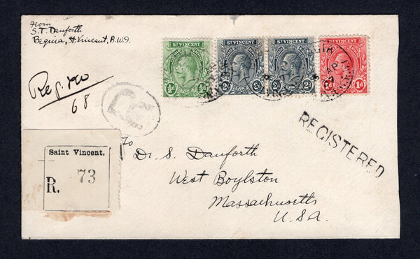 SAINT VINCENT - 1937 - REGISTRATION & CANCELLATION: Registered cover with manuscript 'From S.T.Danforth, Bequia, St. Vincent, BWI' return address at top left franked with 1921 ½d green, 1d carmine and pair 2d grey GV issue (SG 131/133) tied by multiple strikes of BEQUIA cds dated 5 AP 1937 with printed black & on white 'Saint Vincent' registration label with '73' numeral handstamp, large 'R' in oval and straight line 'REGISTERED' marking alongside. Addressed to USA with various transit & arrival marks on r
