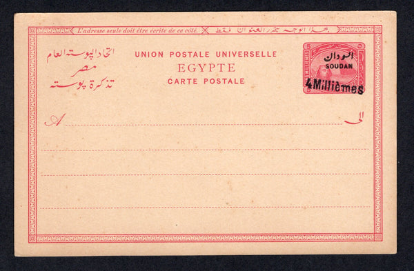 SUDAN - 1899 - POSTAL STATIONERY: 4m on 5m carmine on buff postal stationery card of Egypt with 'SOUDAN' overprint (H&G 4). A fine unused example.  (SUD/22576)