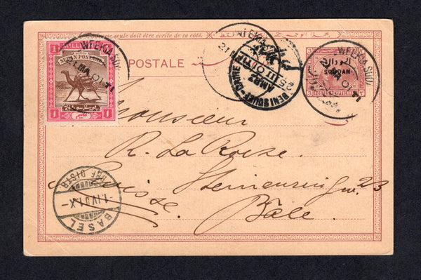 SUDAN - 1901 - POSTAL STATIONERY & TRAVELLING POST OFFICES: 3m violet on buff postal stationery card of Egypt with 'SOUDAN' overprint (H&G 1) used with added 1898 1m brown & pink 'Camel' issue (SG 10) tied by TEWFEKIA SUDAN cds's dated 21 MAR 1901. Addressed to SWITZERLAND with fine strike of BENI SOUEFF-CAIRE AMBT cds on front. A fine item.  (SUD/30913)