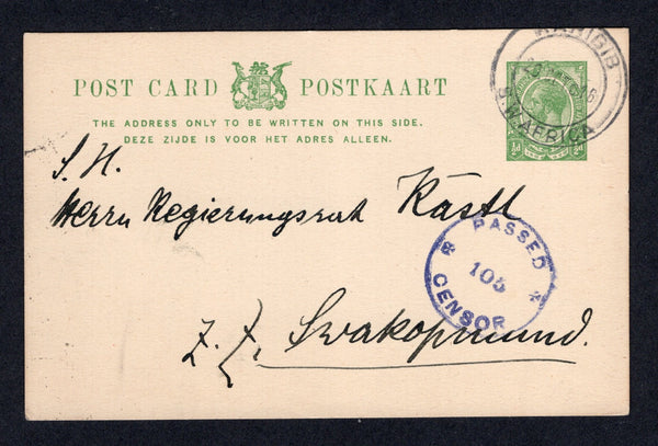 SOUTH WEST AFRICA - 1916 - SOUTH AFRICA USED IN SOUTH WEST AFRICA & POSTAL STATIONERY: ½d yellow green GV Head postal stationery card of South Africa (H&G 1) used with KARIBIB S.W. AFRICA cds dated 29 OCT 1916. Addressed to SWAKOPMUND, censored on arrival with 'PASSED CENSOR 105' marking in blue on front and arrival mark on reverse.  (SWA/35909)