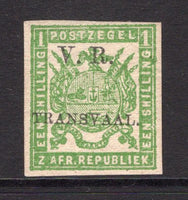 TRANSVAAL - 1877 - CLASSIC ISSUES: 1/- yellow green 'New Printing' on coarse soft white paper with 'V. R. TRANSVAAL' overprint in black, imperf. A fine mint copy with full gum. (SG 104)  (TRA/13541)