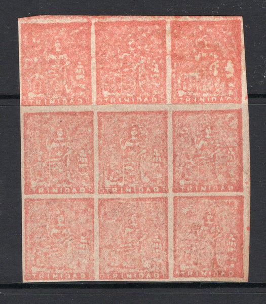 TRINIDAD & TOBAGO - 1860 - CLASSIC ISSUE & MULTIPLE: 1d red 'Lithograph' PROVISIONAL issue from the final printing in March 1860, a superb mint block of nine comprising positions 7, 8, 9, 16, 17, 18, 25, 26 & 27 from the sheet of fifty four. A fine & Scarce multiple. (SG 20)  (TRI/17664)