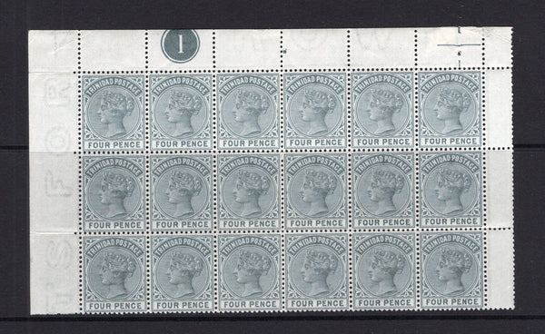 TRINIDAD & TOBAGO - 1883 - MULTIPLE: 4d grey QV issue, a superb mint marginal block of eighteen comprising three full rows of the sheet with sheet margins on three sides and '1' plate number in top margin. A scarce multiple. (SG 110)  (TRI/32727)