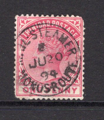 TRINIDAD & TOBAGO - 1883 - CANCELLATION & MARITIME: 1d carmine QV issue used with good strike of MAIL STEAMER MONOS ROUTE cds dated JU 20 1894. Stamp has small faults but a fine strike of a very scarce cancel (SG 107)  (TRI/40077)