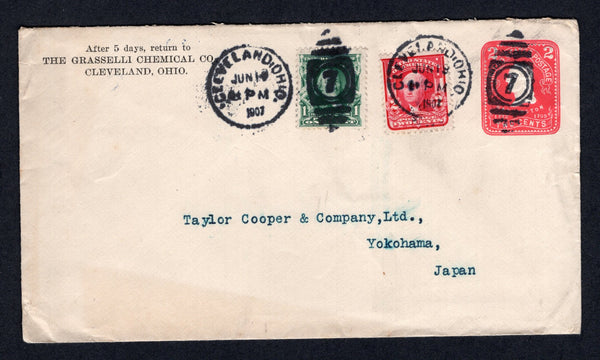 UNITED STATES OF AMERICA - 1907 - DESTINATION: 2c carmine on white postal stationery envelope (H&G B364) used with added 1902 1c blue green and 2c carmine (SG 306/307) tied by CLEVELAND, OHIO cds's dated JUN 18 1907. Addressed to YOKOHAMA, JAPAN with arrival cds on reverse.  (USA/38565)
