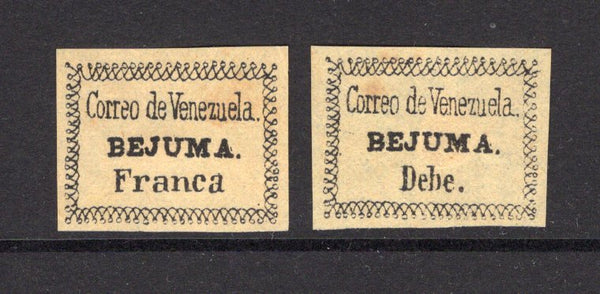 VENEZUELA - 1854 - BEJUMA LOCAL ISSUE: Black on yellow 'BEJUMA Debe' and 'BEJUMA Franca' LOCAL issues imperf unused with fine good to large margins, fine for this issue. These were actually the first stamps issued in Venezuela. Scarce. (Hurt & Williams # 1/2)  (VEN/31035)