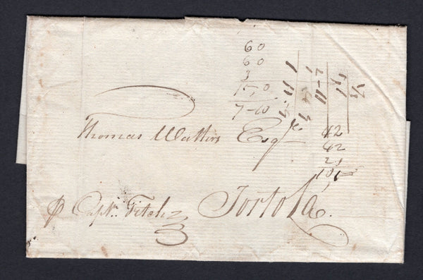 VIRGIN ISLANDS - 1810 - INCOMING MAIL: Complete folded letter which appears to have originated from a ship in the Caribbean dated '20 July 1810' with the letter referring to wanting to purchase rum and sugar. Addressed to 'Thomas Walters Esq. Tortola' and endorsed 'P Capt. Fitch' at lower left. Very unusual.  (VIR/37193)