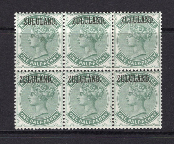 ZULULAND - 1888 - QV ISSUE: ½d green QV issue of Natal with 'ZULULAND' overprint (with stop), a fine mint block of six. (SG 12)  (ZUL/16789)