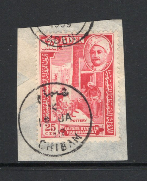 ADEN - QU'AITI - 1955 - CANCELLATION: 25c carmine red tied on piece by fine SHIBAM cds dated 19 JA 1959. (SG 32)  (ADE43591)