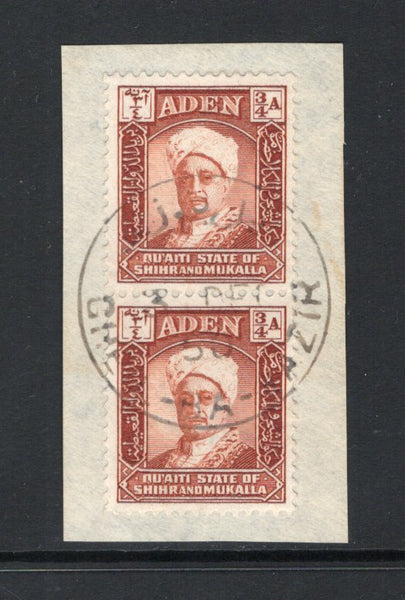 ADEN - QU'AITI - 1942 - CANCELLATION: ¾a brown, a fine pair tied on piece by complete strike of GHEIL-BA-WAZIR cds dated 3 DEC 1950. Scarce. (SG 2)  (ADE43592)