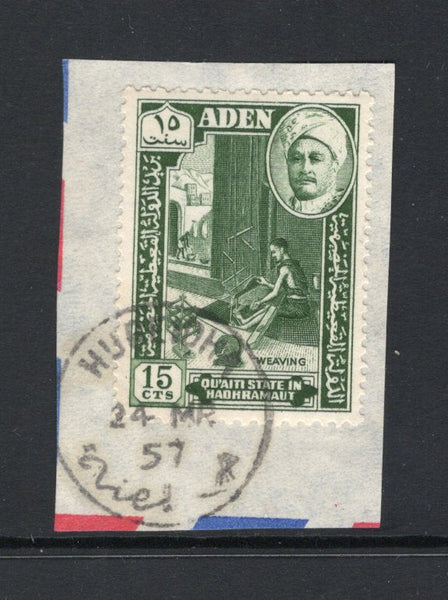 ADEN - QU'AITI - 1955 - CANCELLATION: 15c deep green tied on piece by fine HUREIDHA cds dated 24 MR 1957. (SG 31)  (ADE43593)