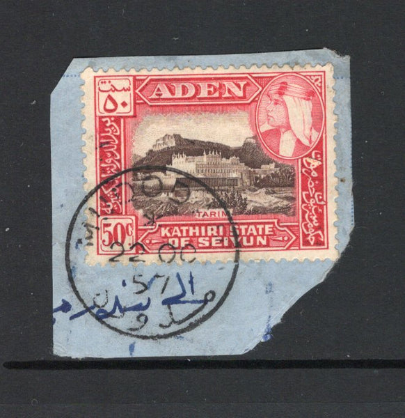 ADEN - KATHIRI - 1954 - CANCELLATION: 50c deep brown & carmine red on piece tied by good strike of MUDODAH cds dated 22 OC 1957. Uncommon. (SG 34)  (ADE43594)