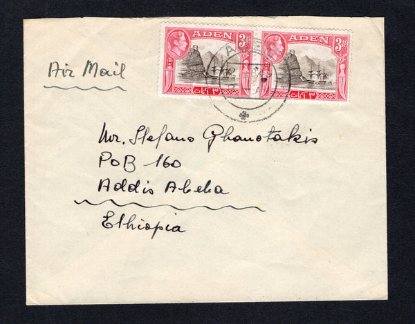 ADEN - 1949 - DESTINATION: Cover with manuscript 'Air Mail' on front franked with 1939 pair 3a sepia & carmine GVI issue (SG 22) tied by ADEN cds dated 2 FEB 1949. Addressed to ETHIOPIA with ADDIS ABABA arrival cds on reverse.  (ADE43649)