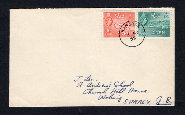 ADEN - 1957 - ISLAND MAIL & CANCELLATION: Cover franked with 1953 10c orange and 15c blue green QE2 issue (SG 50 & 52) tied by fine strike of KAMARAN cds dated 6 NOV 1957. Addressed to UK with ADEN G.P.O. transit cds on reverse.  (ADE43892)