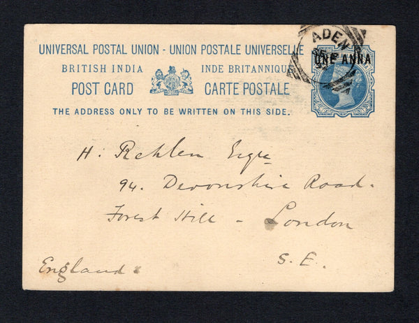 ADEN - 1892 - INDIA USED IN ADEN: 1a on ½a blue QV Indian Postal Stationery card (H&G 9) used with fine ADEN squared circle cds dated SEP 2 1892. Addressed to UK.  (ADE44163)