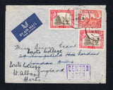 ADEN - 1942 - CENSORED MAIL: Airmail cover franked with 1938 2 x 3a sepia & carmine GVI issue and Kathiri 1942 8a red (SG 22 & 8) tied by ADEN cds's dated 4 SEP 1942 with boxed 'CENSOR ADEN' marking in purple on front. Addressed to UK with arrival mark on reverse.  (ADE44164)