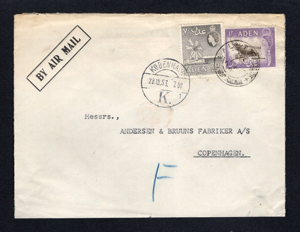 ADEN - 1953 - CANCELLATION & DESTINATION: Cover franked with 1953 70c brown grey and 1/- sepia & reddish lilac QE2 issue (SG 60 & 62) tied by MAALLA cds dated 24 OC 1953. Sent airmail to DENMARK with KOBENHAVN arrival cds on front.  (ADE44166)