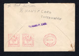 ADEN - 1951 - MARITIME & METERMAIL: Stampless cover with manuscript 'ap Paul Sorensen, s/s Hans P Carl, Copenhagen' return address on reverse with red 2a and 1½a meter marks with ADEN cds dated 6 IV 1951 also on reverse with straight line 'S/S HANS P. CARL' ship marking in purple alongside. Addressed to DENMARK.  (ADE44168)