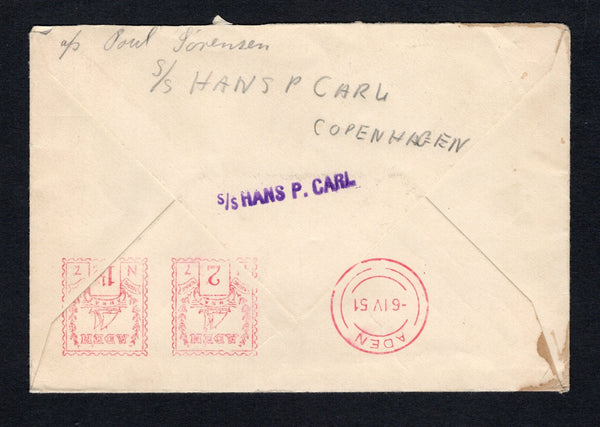 ADEN - 1951 - MARITIME & METERMAIL: Stampless cover with manuscript 'ap Paul Sorensen, s/s Hans P Carl, Copenhagen' return address on reverse with red 2a and 1½a meter marks with ADEN cds dated 6 IV 1951 also on reverse with straight line 'S/S HANS P. CARL' ship marking in purple alongside. Addressed to DENMARK.  (ADE44168)
