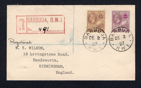 ANTIGUA - BARBUDA - 1926 - REGISTRATION: Registered cover franked with 1921 3d purple on pale yellow and 6d dull & bright purple GV issue (SG 74/75) tied by two fine strikes of BARBUDA B.W.I. cds dated DEC 2 1927 with lovely strike of boxed 'BARBUDA B.W.I. Registration marking in red with '491' inserted in manuscript. Addressed to UK with transit and arrival marks on reverse. A scarce cover.  (ANT/33500)