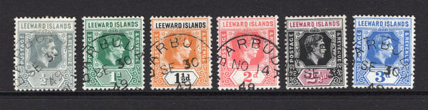 ANTIGUA - BARBUDA - 1938 - CANCELLATION: ½d slate grey, 1d blue green, 1½d yellow orange & black, 2d scarlet, 2½d black & purple and 3d bright blue GVI Leeward Islands issue all used with fine strikes of BARBUDA cds, five dated SEP 30 1949 and one dated NOV 14 1949. (SG 97, 100, 102, 104, 106 & 108)  (ANT/39287)
