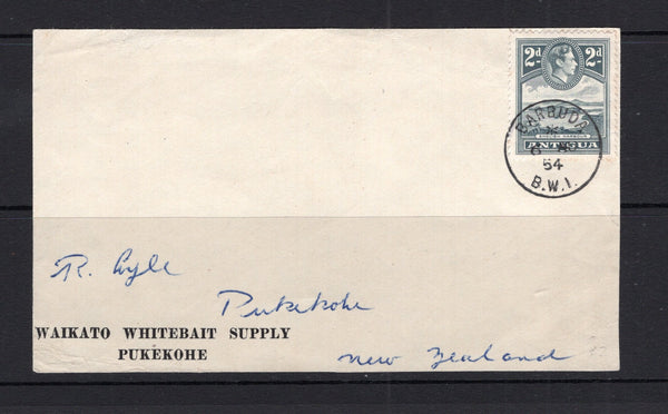 ANTIGUA - BARBUDA - 1938 - CANCELLATION: Large piece with 'WAIKATO WHITEBAIT SUPPLY PUKEKOHE' imprint at lower left franked with 1938 2d grey GVI issue tied by fine BARBUDA B.W.I. cds dated 6 AU 1954. Addressed to NEW ZEALAND. (SG 101)  (ANT/41967)