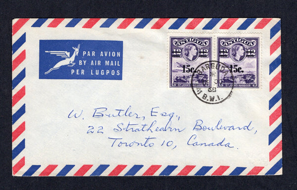 ANTIGUA - BARBUDA - 1968 - PROVISIONAL ISSUE: Airmail cover franked with pair 1965 15c on 12c violet QE2 issue (SG 165) tied by BARBUDA cds dated 16 OC 1968. Addressed to CANADA.  (ANT/41969)