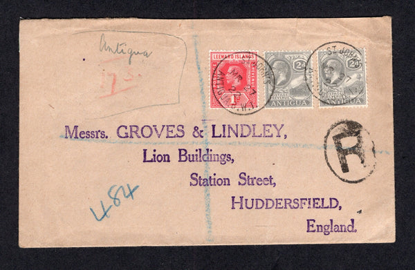 ANTIGUA - 1922 - REGISTRATION & MIXED FRANKING: Registered cover franked with 1921 2 x 2d grey and Leeward Islands 1921 1d carmine red GV issue (SG 70 & 60) tied by ST. JOHN'S cds's dated MR 27 1922 with handwritten 'Antigua 173' registration marking in manuscript and red crayon with large oval 'R' in black alongside. Addressed to UK with BARBADOS transit cds and REGISTERED PLYMOUTH oval arrival mark on reverse.  (ANT/42041)