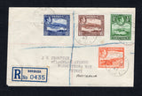ANTIGUA - BARBUDA - 1947 - REGISTRATION & DESTINATION: Registered cover franked with 1938 ½d green, 1½d chocolate brown, 2½d deep ultramarine and 3d orange GVI issue (SG 98, 100, 102/103) all tied by BARBUDA cds's dated MY 23 1947 with printed blue on white 'BARBUDA' registration label alongside. Addressed to AUSTRALIA with ST. JOHN'S ANTIGUA transit cds and Australian arrival cds's on reverse.  (ANT44460)