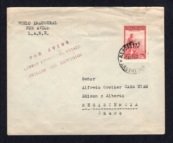ARGENTINA - 1945 - FIRST FLIGHT: Cover with typed 'Vuelo Inaugural Por Avion L.A.N.E.' franked with 1936 25c carmine red & pink (SG 656) tied by AEROPOSTAL B.A. cds dated 2 AGO 1945 sent on the Inaugural Flight of the BUENOS AIRES - CHACO service by LADE (Lineas Aereas del Estado) with red 'Por Avion Lineas Aereas Del Estado Utilice Sus Servicios' cachet on front. Addressed to RESISTENCIA with arrival cds on reverse. Scarce Flight.  (ARG/1635)