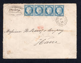 ARGENTINA - 1875 - FRENCH POST OFFICES & COMBINATION MAIL: Cover with oval 'Bazar Frances, Mendoza, 44 Calle de la Florida, BUENOS AIRES' company handstamp on front franked on reverse with 1867 5c vermilion 'Rivadavia' issue (SG 28) paying the local rate tied by BUENOS AIRES dated DEC 16 1875 with added strip of four France 1871 25c blue 'Ceres' issue (SG 199) paying the overseas postage tied by dotted 'Ancre' cancels with good strike of octagonal BUENOS AYRES PAQ. FR. J No.4 cds dated 26 DEC 1875 also tyi