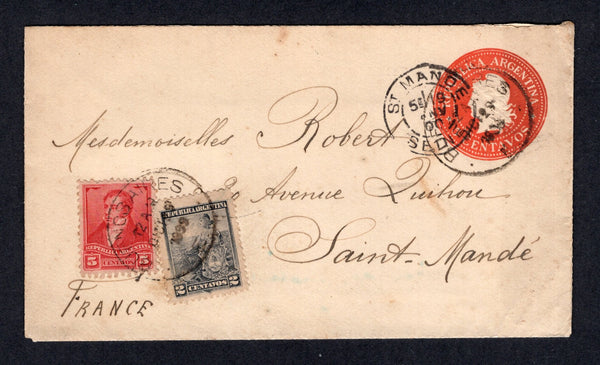 ARGENTINA - 1899 - POSTAL STATIONERY: 5c deep orange postal stationery New Year letter sheet (H&G G3, with view inside in brown & blue) used with added 1892 5c rose carmine 'Rivadavia' issue and 1899 2c slate 'Liberty Shield' issue (SG 197 & 223) tied by BUENOS AIRES cds's dated DEC 29 1899. Addressed to FRANCE with arrival cds on front.  (ARG/41745)