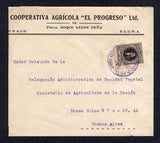 ARGENTINA - 1938 - TRAVELLING POST OFFICES & CINDERELLA USED FOR POSTAGE: Printed 'Cooperativa Agricola El Progreso Ltd de Pdcia Roque Saenz Pena. CHACO F.C.C.N.A.' envelope illegally franked with 1937 10c black & red 'Jose Penna' Tuberculosis Seal' CINDERELLA label tied by good strike of OF. POSTAL AMBULANTE No.82 cds in purple dated 19 JAN 1938. Addressed to BUENOS AIRES with arrival cds on reverse and completely untaxed. An unusual item.  (ARG/41791)