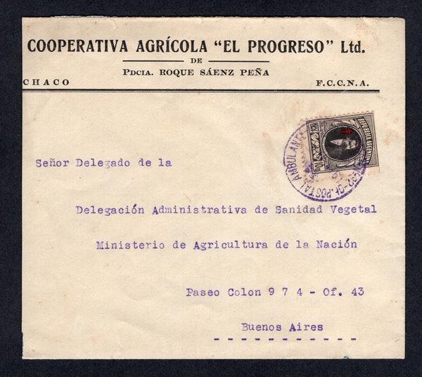 ARGENTINA - 1938 - TRAVELLING POST OFFICES & CINDERELLA USED FOR POSTAGE: Printed 'Cooperativa Agricola El Progreso Ltd de Pdcia Roque Saenz Pena. CHACO F.C.C.N.A.' envelope illegally franked with 1937 10c black & red 'Jose Penna' Tuberculosis Seal' CINDERELLA label tied by good strike of OF. POSTAL AMBULANTE No.82 cds in purple dated 19 JAN 1938. Addressed to BUENOS AIRES with arrival cds on reverse and completely untaxed. An unusual item.  (ARG/41791)