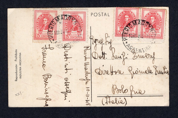 ARGENTINA - 1948 - WELSH COLONY: Real photographic black & white PPC 'Vista parcial de Puerto Madryn - Chubut' franked on message side with two pairs 1945 5c carmine red (SG 773) tied by two strikes of 'PUERTO MADRYN - Ch' cds dated 10 NOV 1948. Addressed to ITALY. Puerto Madryn was one of the original Welsh settlements in Argentina.  (ARG/41889)
