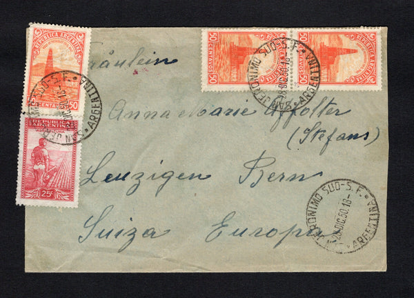 ARGENTINA - 1950 - SWISS COLONY IN ARGENTINA: Cover franked with 1945 25c carmine red & pink and 3 x 50c vermilion & salmon (SG 756 & 759) tied by three fine strikes of SAN JERONIMO SUD - S.F. cds dated 28 DIC 1950. Addressed to SWITZERLAND.  (ARG/42207)