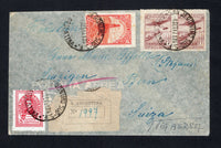 ARGENTINA - 1947 - SWISS COLONY IN ARGENTINA: Registered airmail cover franked with 1945 50c vermilion & salmon, 1945 5c carmine red and 1946 pair 15c claret AIR issue (SG 759, 773 & 780) all tied by SAN JERONIMO SUD - S.F. cds's dated 4 SEP 1947 with plain registration label tied alongside. Addressed to SWITZERLAND.  (ARG/42208)