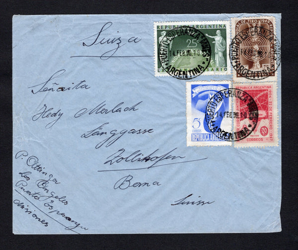 ARGENTINA - 1950 - SWISS COLONY IN ARGENTINA: Cover franked with 1947 20c carmine & pink, 1948 5c ultramarine, 1949 75c yellow brown and 1949 25c blue green & olive (SG 791, 802, 811 & 812) tied by three fine strikes of PUERTO ESPERANZA "MNES" cds dated 14 FEB 1950. Addressed to SWITZERLAND.  (ARG/42209)