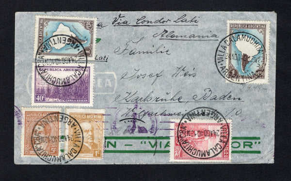 ARGENTINA - 1940 - POW MAIL & GRAF SPEE: Airmail cover endorsed 'Via Condor Lati' on front with manuscript 'Abs H Weis, Konsulat Aleman, Avenida Colon 10, Cordoba, Argentina' return address on reverse franked with 1935 1c yellow brown & 5c orange brown and 1936 25c carmine red & pink, 40c purple & mauve and 2 x 1p light blue & chocolate (SG 645, 653b, 656, 658 & 660a) all tied by multiple fine strikes of VILLA CALAMUCHITA COR cds dated 24 AGO 1940. Addressed to 'Familie Josef Weis, Karlsbruke, Baden, Alema