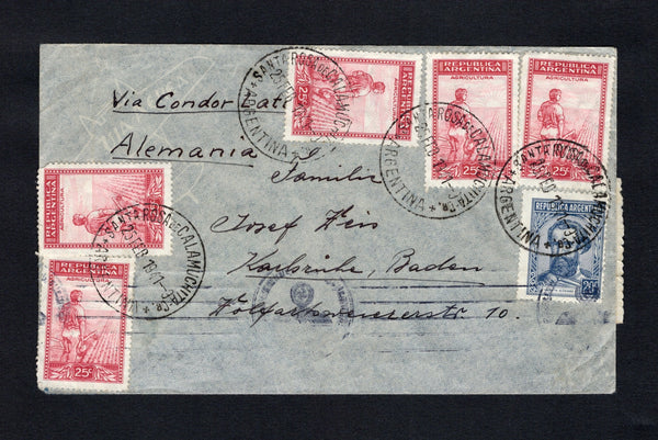 ARGENTINA - 1941 - POW MAIL & GRAF SPEE: Airmail cover endorsed 'Via Condor Lati' on front with manuscript 'Rem. H Weis, Consulato Aleman, Avenida Colon 10, Cordoba, Argentina' return address on reverse franked with 1936 5 x 25c carmine red & pink and 1939 20c blue (SG 656 & 677) all tied by multiple fine strikes of SANTA ROSA DE CALAMUCHITA CR cds dated 25 FEB 1941. Addressed to 'Familie Josef Weis, Wolfsartomuenstr 10, Karlsbruke, Baden, Alemania' with German censor strip tied by censor marks on reverse.