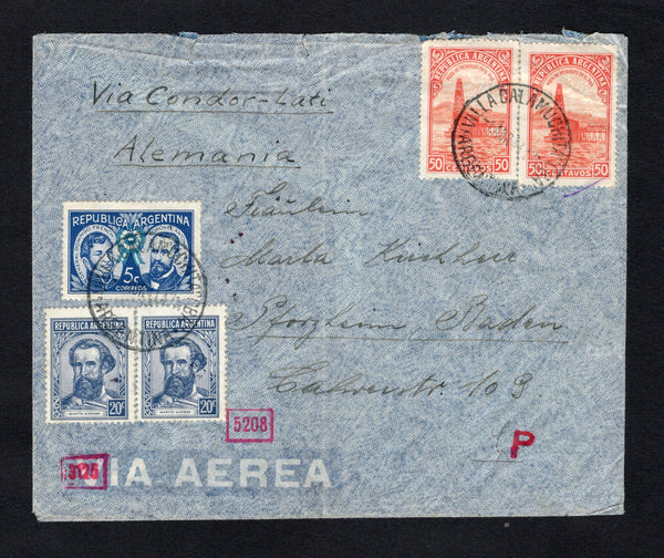 ARGENTINA - 1941 - POW MAIL & GRAF SPEE: Airmail cover endorsed 'Via Condor-Lati' on front with manuscript 'Abs H Weis, Consulato Aleman, Avenida Colon 10, Cordoba, Argentina' return address on reverse franked with 1936 2 x 50c vermilion & salmon, 1939 2 x 20c blue and 1941 5c dark blue & light blue (SG 659, 677 & 694) all tied by two fine strikes of VILLA CALAMUCHITA COR cds dated 1 ABR 1941. Addressed to 'Familie Marta Kushhart, Calrerstr 10, Sporzheim, Baden, Alemania' with German censor strip tied by c