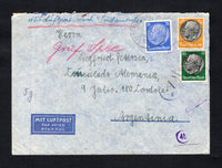 ARGENTINA - 1941 - POW MAIL & GRAF SPEE: Incoming airmail cover from Germany with manuscript 'Mit Luftpost nach Sudamerika' on front franked with 1933 25pf ultramarine, 50pf black & green and 100pf black & yellow orange 'Hindenburg' issue (SG 503B, 506B & 509B) tied by OLDENBURG cds's dated 15.11.1941. Addressed to 'Herrn Siegfried Petersen, Consulado Alemania, 9 Julio. 180 Cordoba, Argentina' with 'Graf Spee' endorsement in red crayon added on arrival at the consulate. Censored with various small censor m